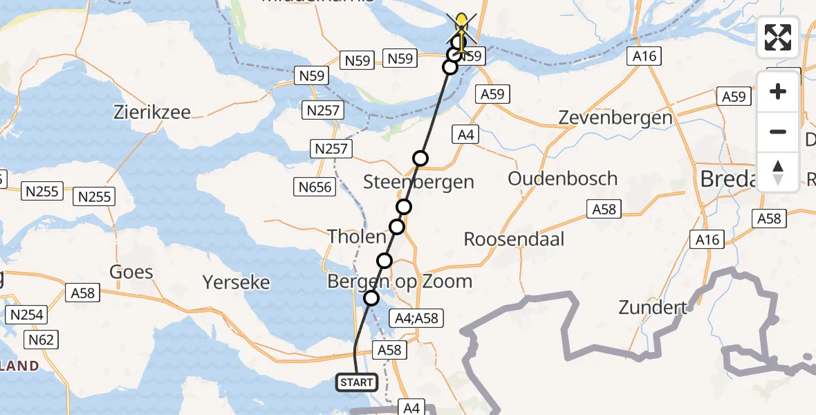 Routekaart van de vlucht: Lifeliner 2 naar Zuid-Beijerland, Grensweg