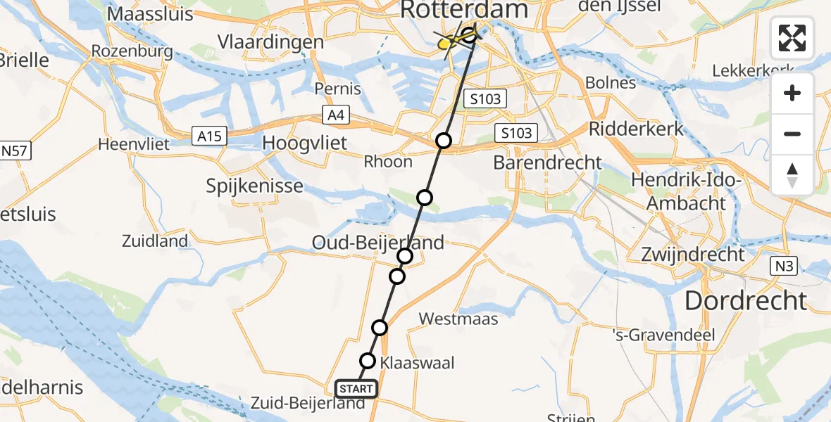 Routekaart van de vlucht: Lifeliner 2 naar Erasmus MC, Bommelskoussedijk