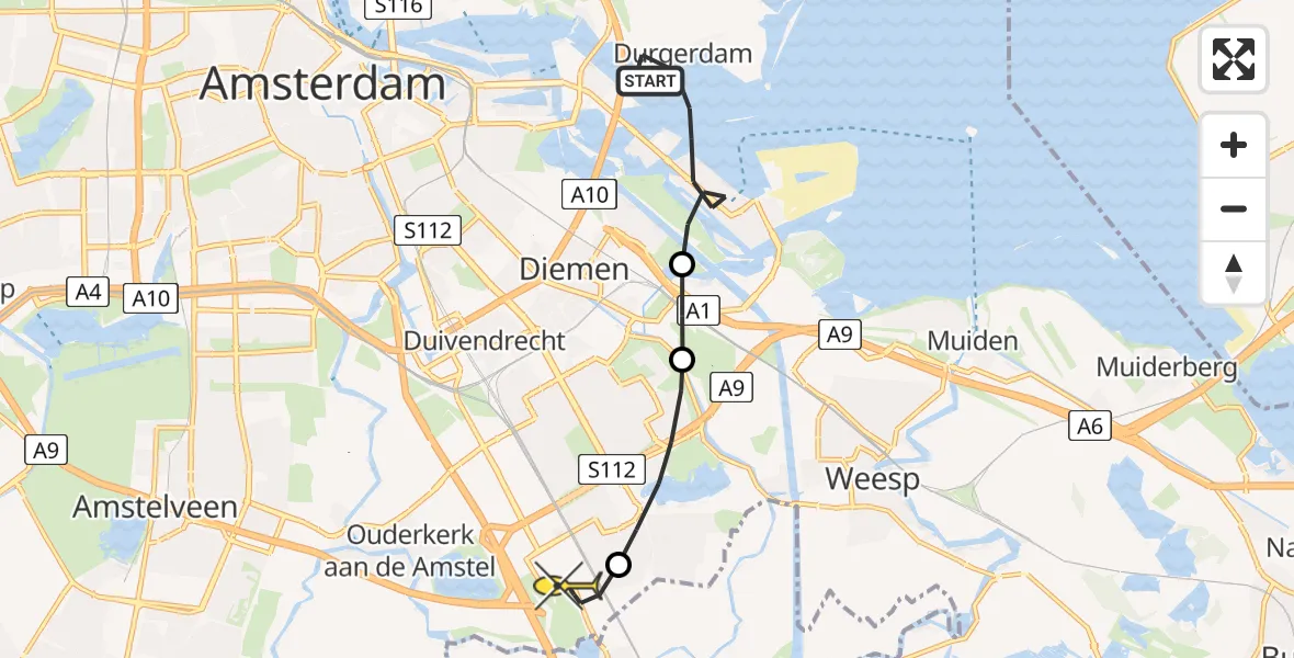 Routekaart van de vlucht: Lifeliner 1 naar Academisch Medisch Centrum (AMC), Durgerdammerdijk