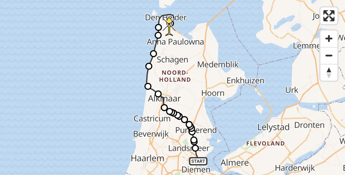 Routekaart van de vlucht: Kustwachthelikopter naar Vliegveld De Kooy, Middenlaan Zunderdorp