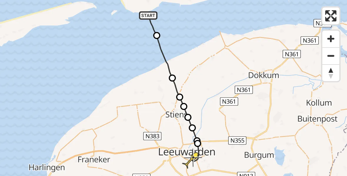 Routekaart van de vlucht: Ambulanceheli naar Leeuwarden, Robbentocht WL35 Brakzand