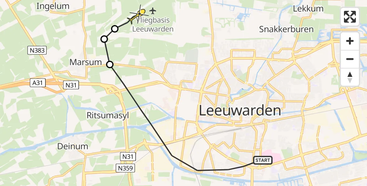 Routekaart van de vlucht: Ambulancehelikopter naar Vliegbasis Leeuwarden, Ried