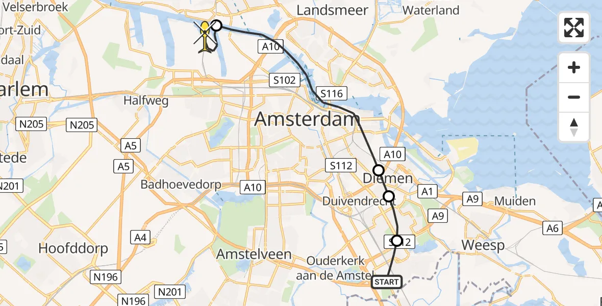 Routekaart van de vlucht: Lifeliner 1 naar Amsterdam Heliport, Hornweg