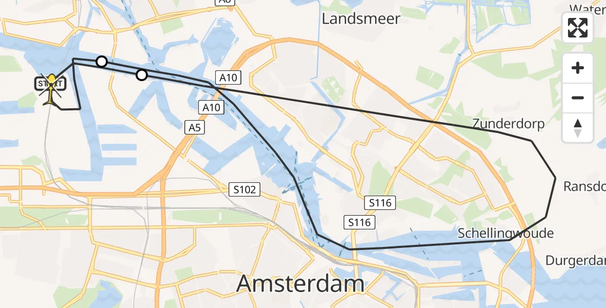 Routekaart van de vlucht: Lifeliner 1 naar Amsterdam Heliport, Petroleumhavenweg