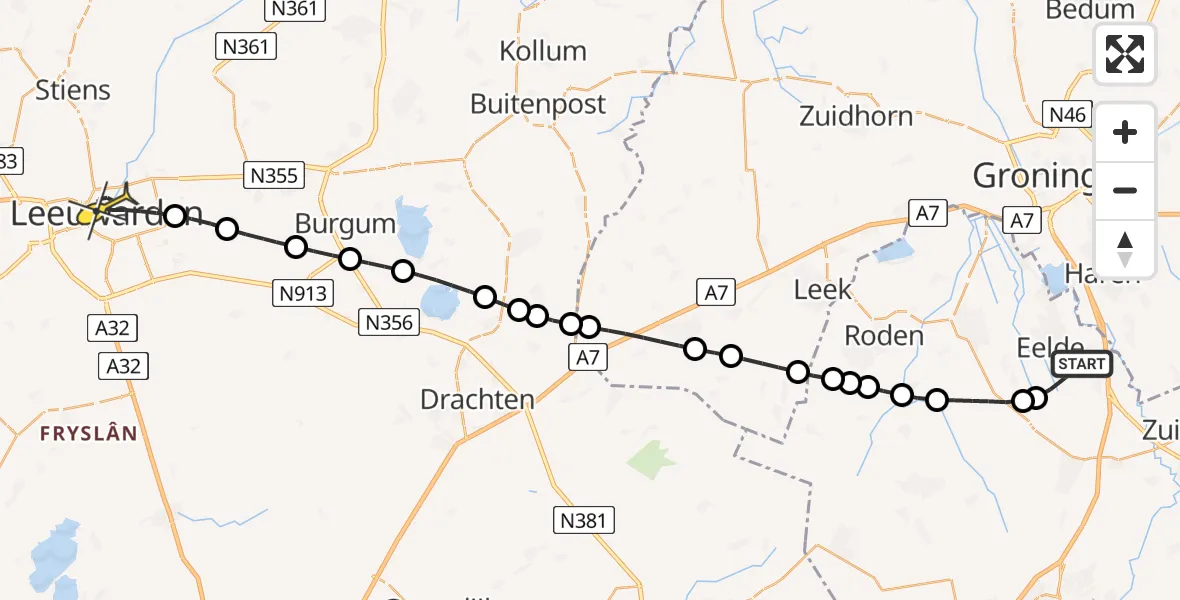 Routekaart van de vlucht: Lifeliner 4 naar Leeuwarden, Veldkampweg