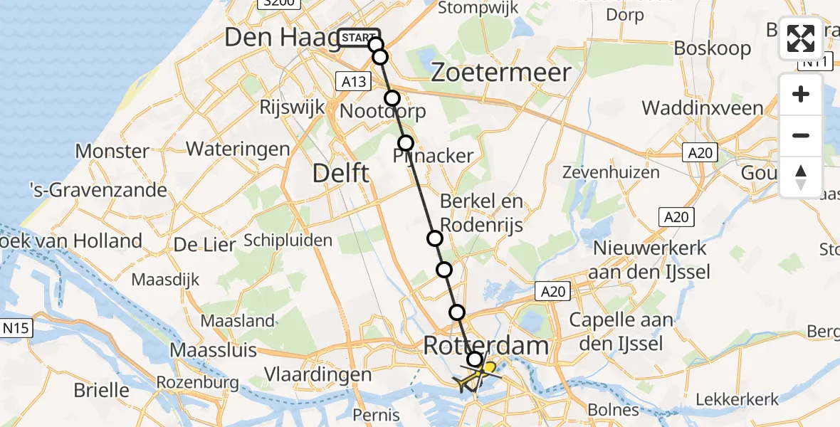 Routekaart van de vlucht: Lifeliner 1 naar Erasmus MC, Tedingerstraat