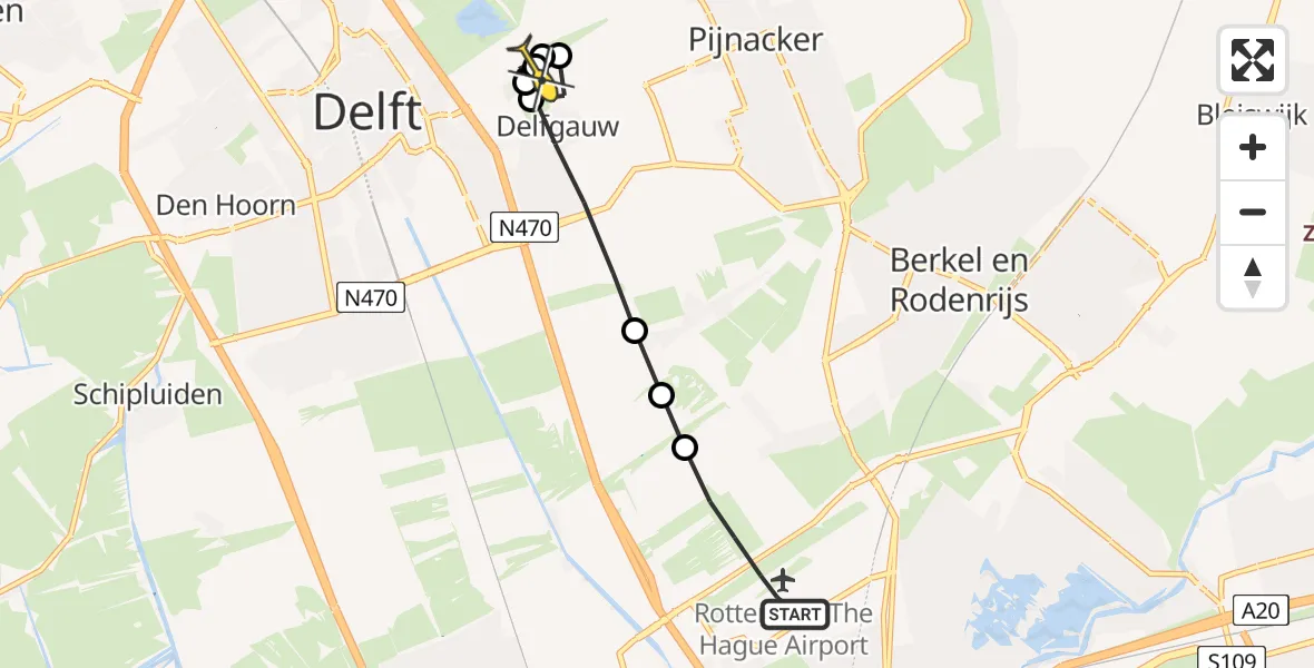 Routekaart van de vlucht: Lifeliner 2 naar Delfgauw, Noordeindseweg