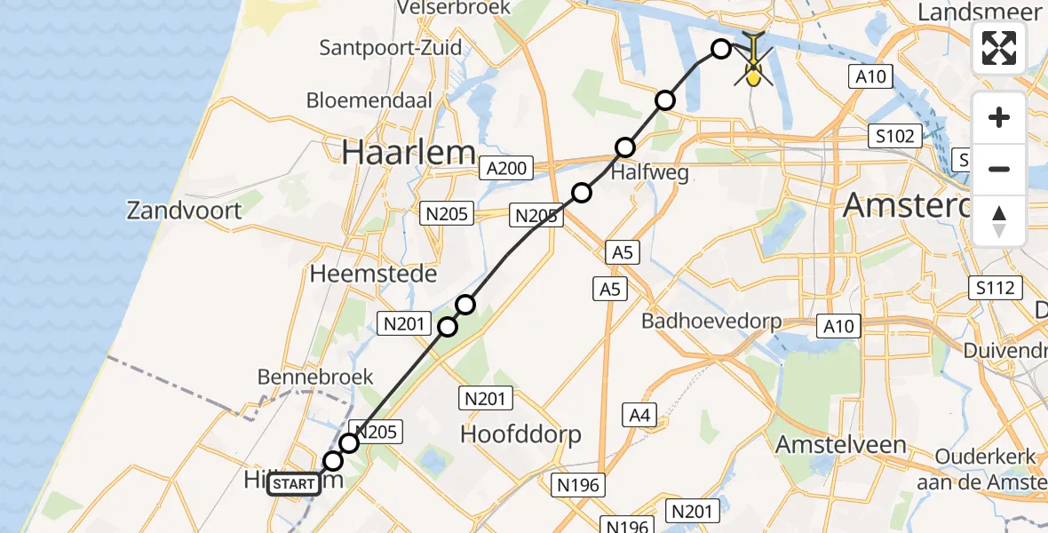 Routekaart van de vlucht: Lifeliner 1 naar Amsterdam Heliport, Hillegommerdijk