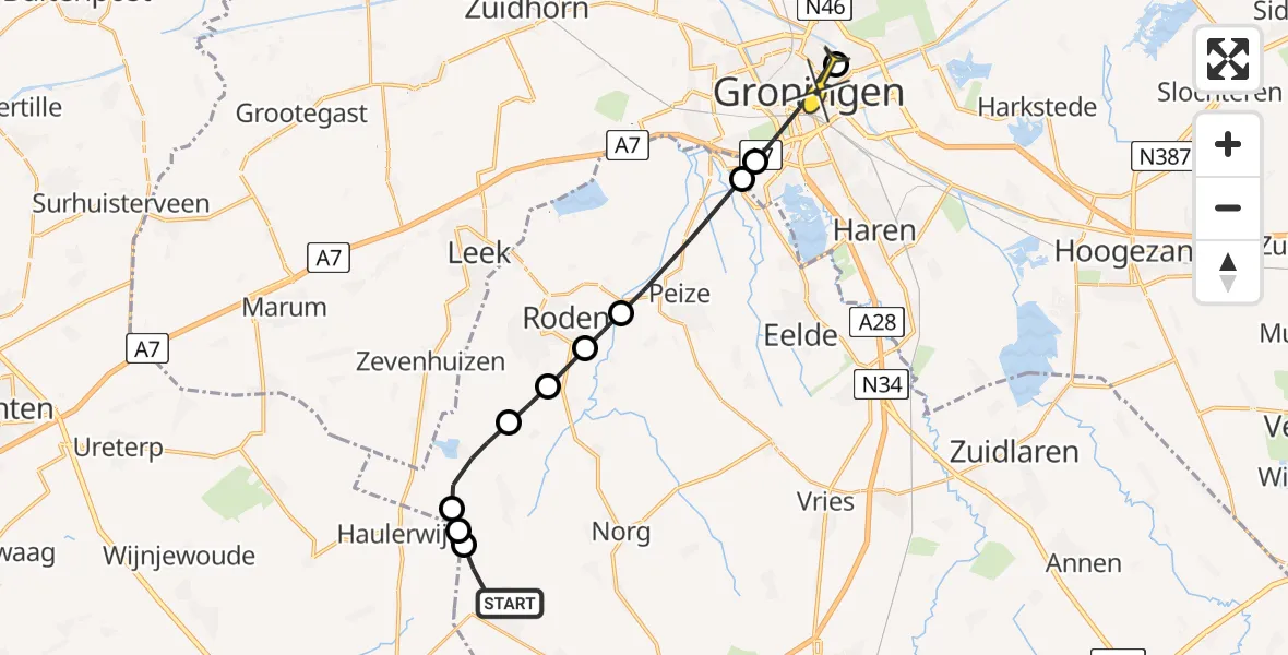 Routekaart van de vlucht: Lifeliner 4 naar Universitair Medisch Centrum Groningen, Bieuwweg