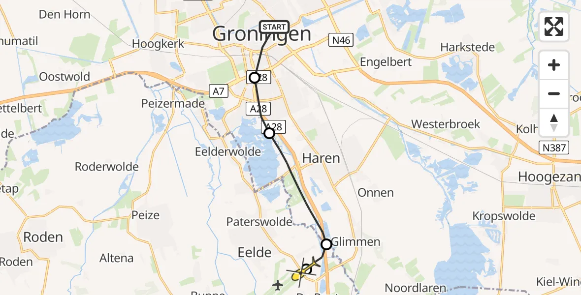 Routekaart van de vlucht: Lifeliner 4 naar Groningen Airport Eelde, Brailleweg