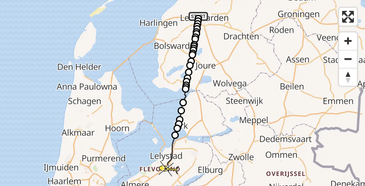 Routekaart van de vlucht: Ambulancehelikopter naar Lelystad, Marssumerdyk