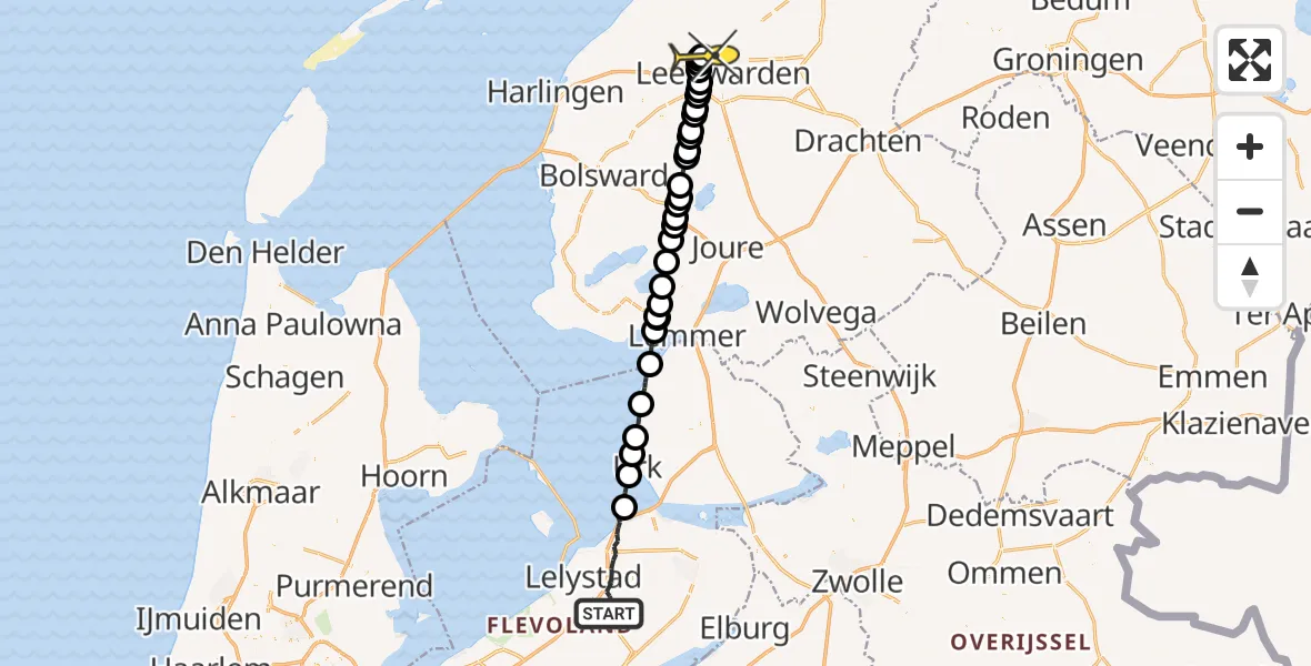 Routekaart van de vlucht: Ambulancehelikopter naar Vliegbasis Leeuwarden, Uilentocht