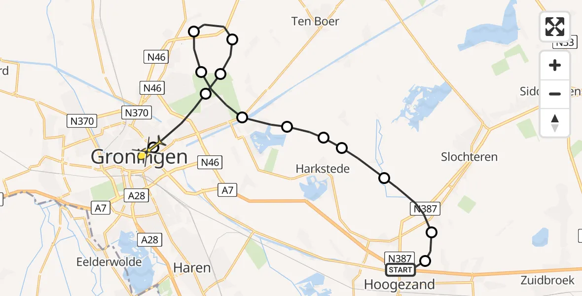 Routekaart van de vlucht: Lifeliner 4 naar Universitair Medisch Centrum Groningen, Winkelhoeksterdiep