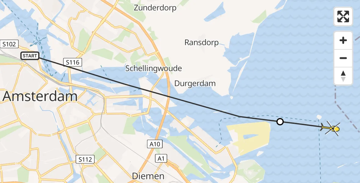 Routekaart van de vlucht: Politieheli naar Muiden, KNSM-laan