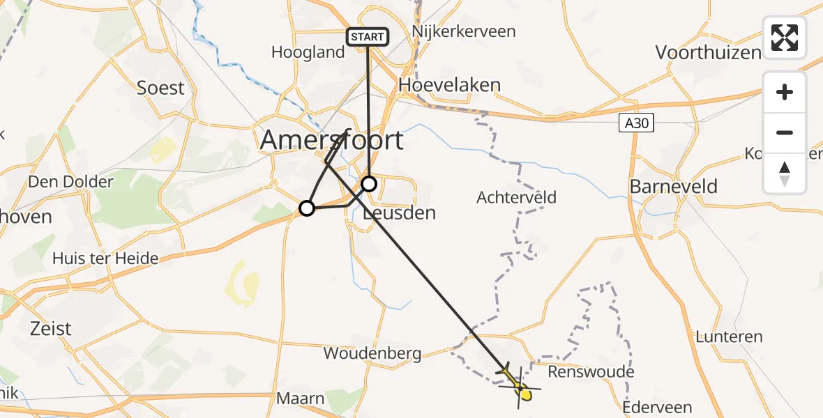 Routekaart van de vlucht: Politieheli naar Renswoude, Ursulineweg