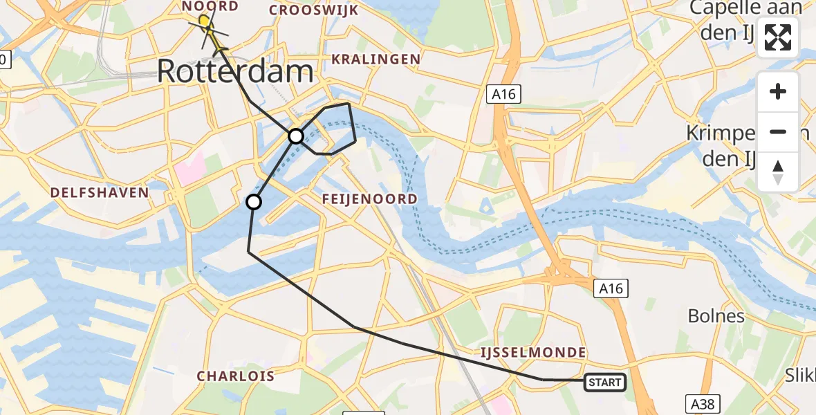 Routekaart van de vlucht: Politieheli naar Rotterdam, Langegeer