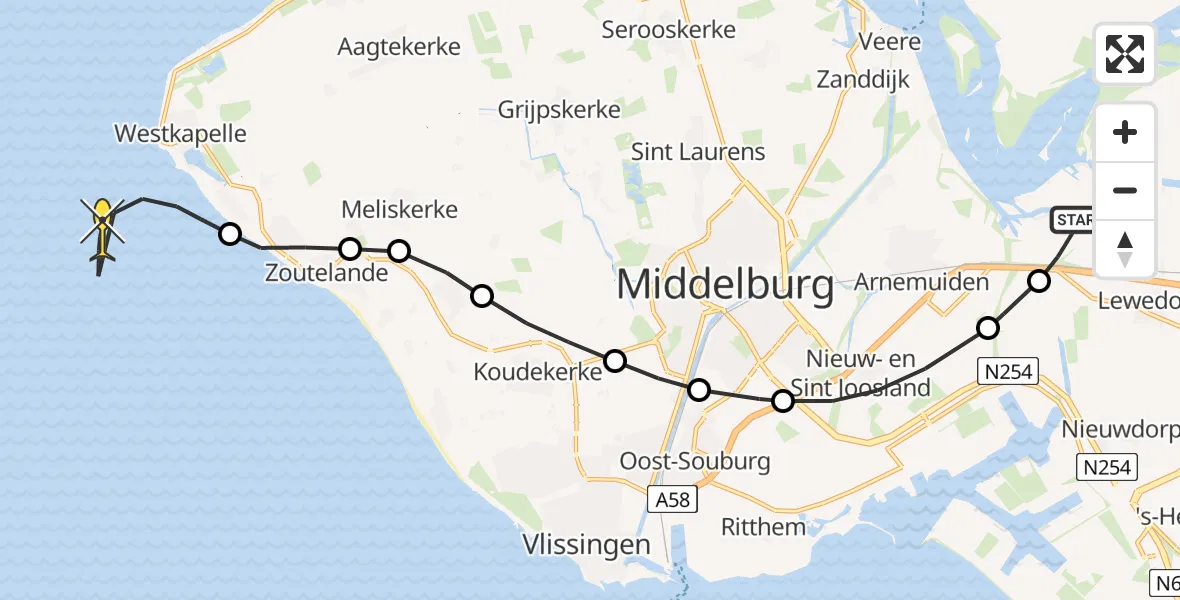 Routekaart van de vlucht: Kustwachthelikopter naar Vlissingen, Postweg