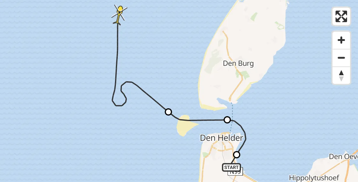 Routekaart van de vlucht: Kustwachthelikopter naar Oostoeverweg