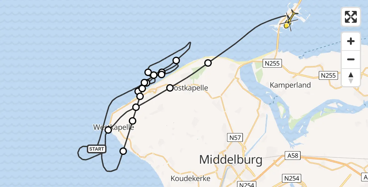 Routekaart van de vlucht: Kustwachthelikopter naar Vrouwenpolder, Roompot