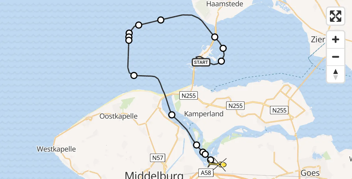 Routekaart van de vlucht: Kustwachthelikopter naar Vliegveld Midden-Zeeland, Geul naar de Betonhaven