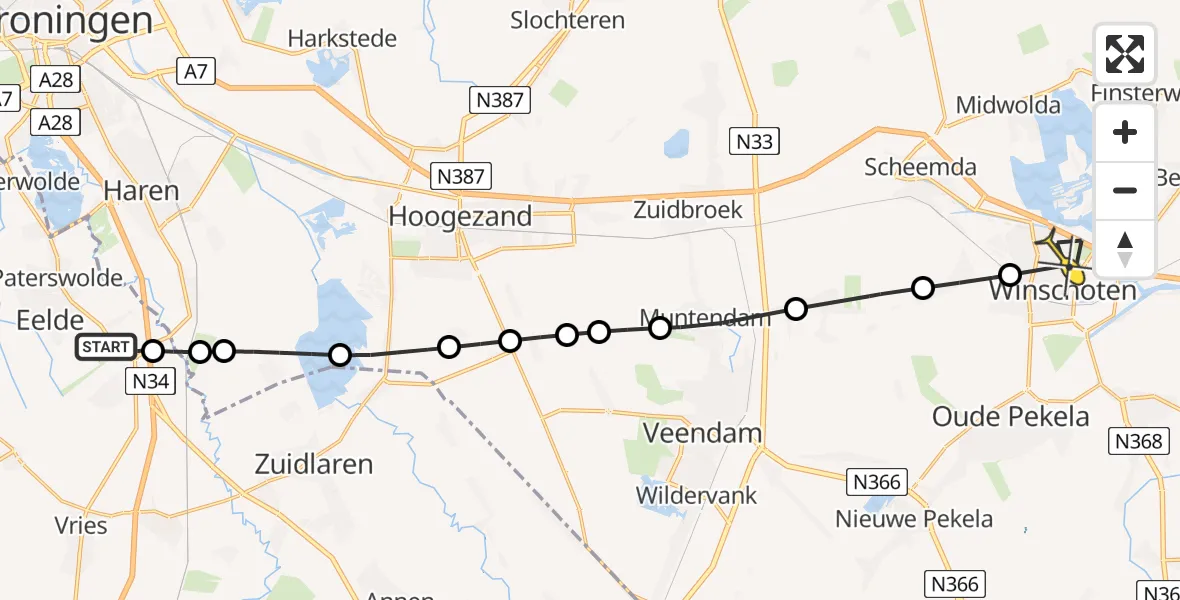 Routekaart van de vlucht: Lifeliner 4 naar Winschoten, Bongveen