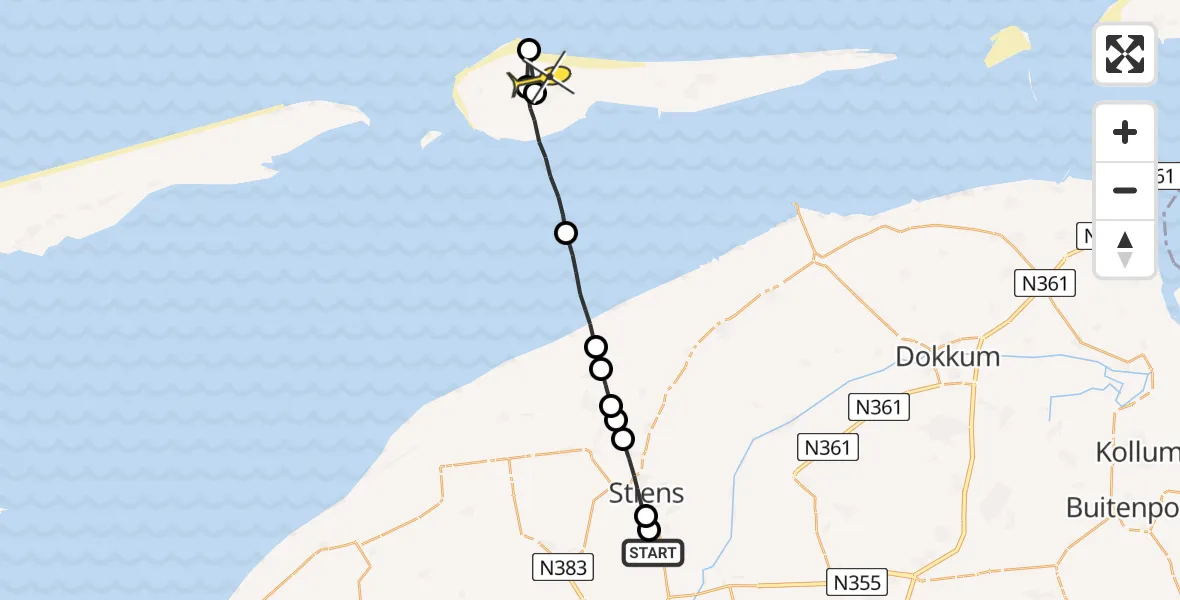 Routekaart van de vlucht: Ambulanceheli naar Ameland Airport Ballum, Nijlânsdyk