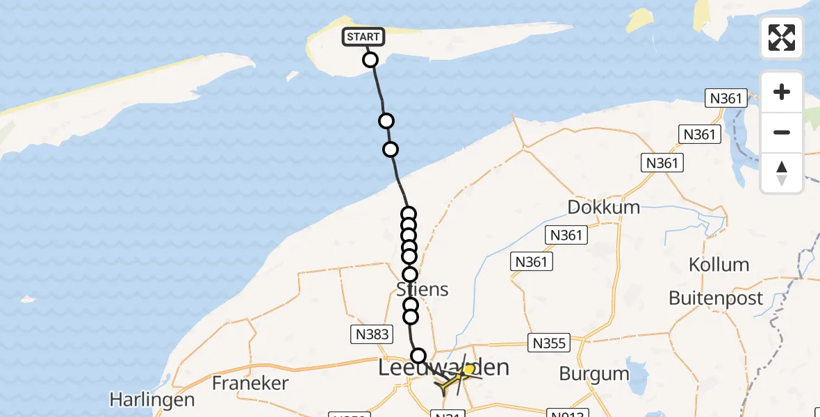 Routekaart van de vlucht: Ambulancehelikopter naar Leeuwarden, Heideveld