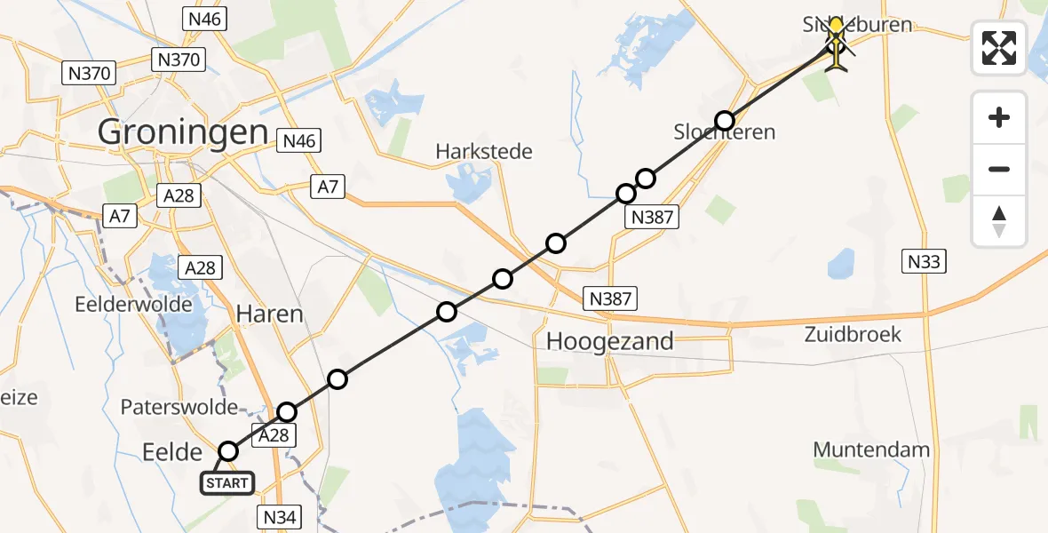 Routekaart van de vlucht: Lifeliner 4 naar Siddeburen, Burgemeester J.G. Legroweg