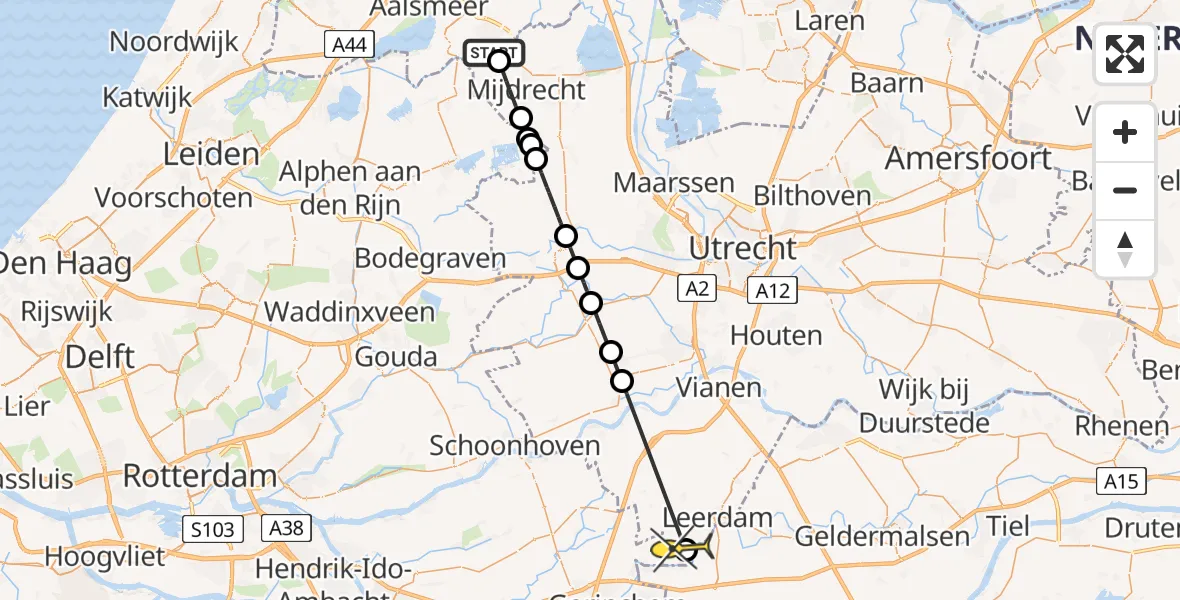 Routekaart van de vlucht: Politieheli naar Kedichem, A.C. Verhoefweg