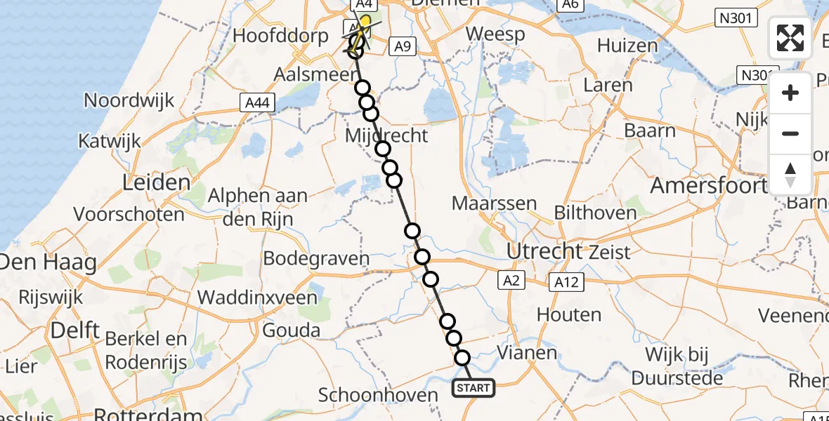 Routekaart van de vlucht: Politieheli naar Amstelveen, Achthovensche Wetering