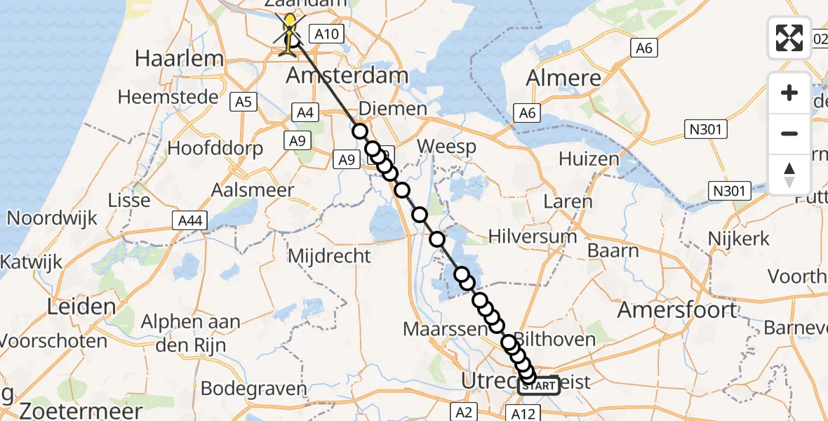 Routekaart van de vlucht: Lifeliner 1 naar Amsterdam Heliport, Princetonlaan