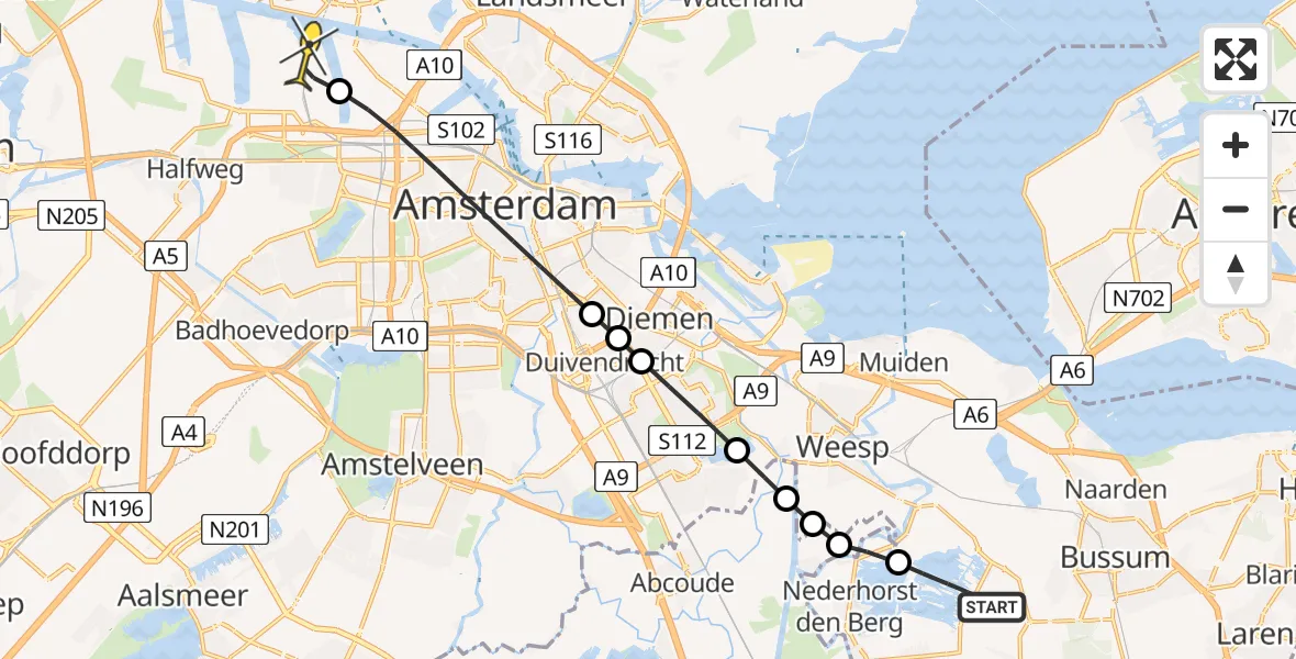 Routekaart van de vlucht: Lifeliner 1 naar Amsterdam Heliport, Ankeveense Plassen