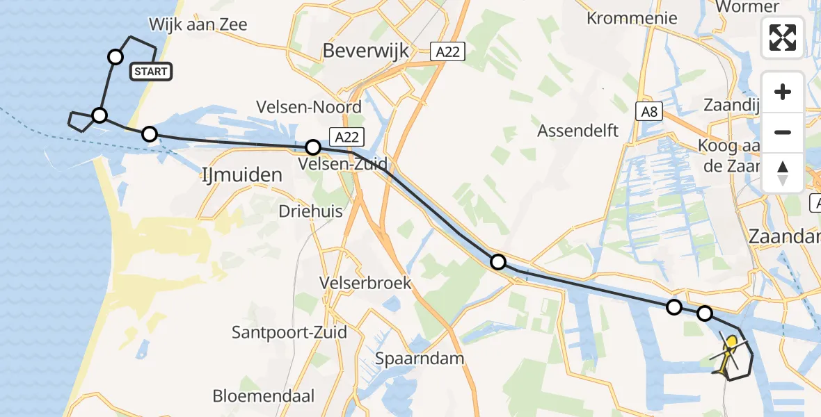 Routekaart van de vlucht: Lifeliner 1 naar Amsterdam Heliport, Willem Hooftkade