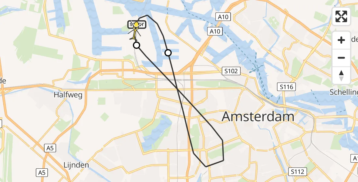 Routekaart van de vlucht: Lifeliner 1 naar Amsterdam Heliport, Westhavenweg