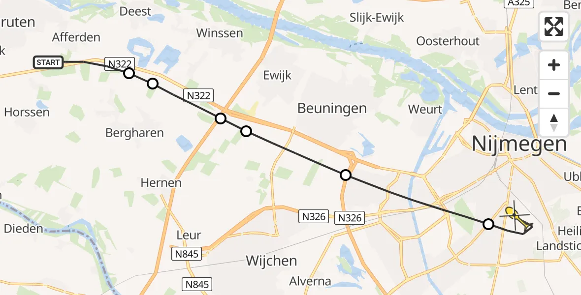 Routekaart van de vlucht: Lifeliner 3 naar Radboud Universitair Medisch Centrum, Maas en Waalweg