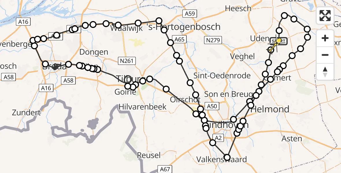 Routekaart van de vlucht: Politieheli naar Volkel, Zeelandsedijk