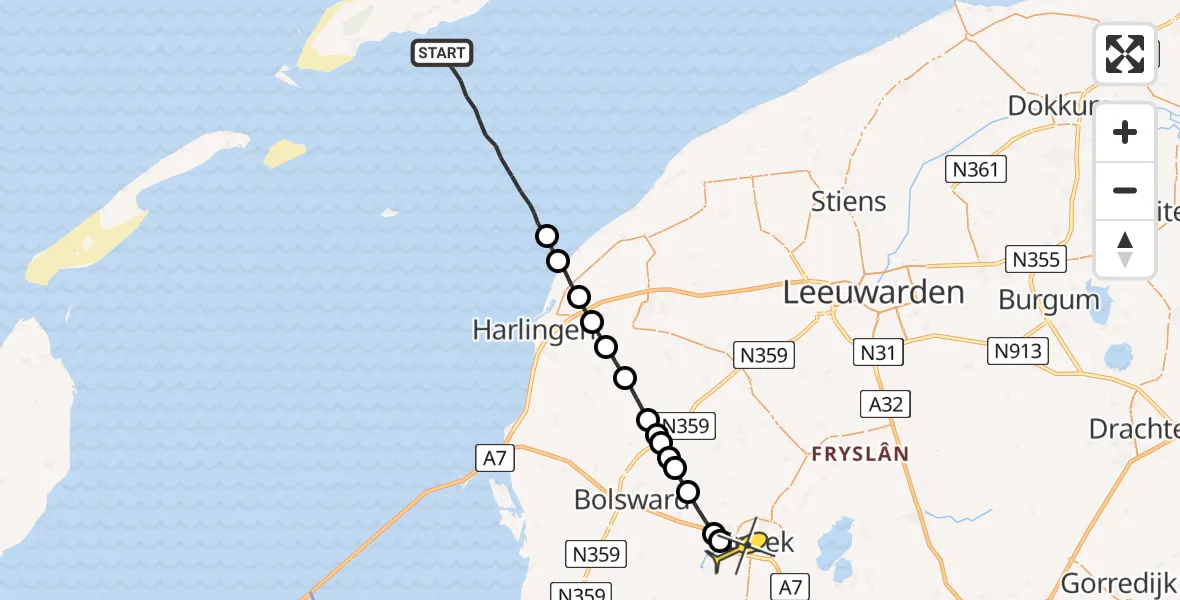 Routekaart van de vlucht: Ambulanceheli naar Sneek, Riepel