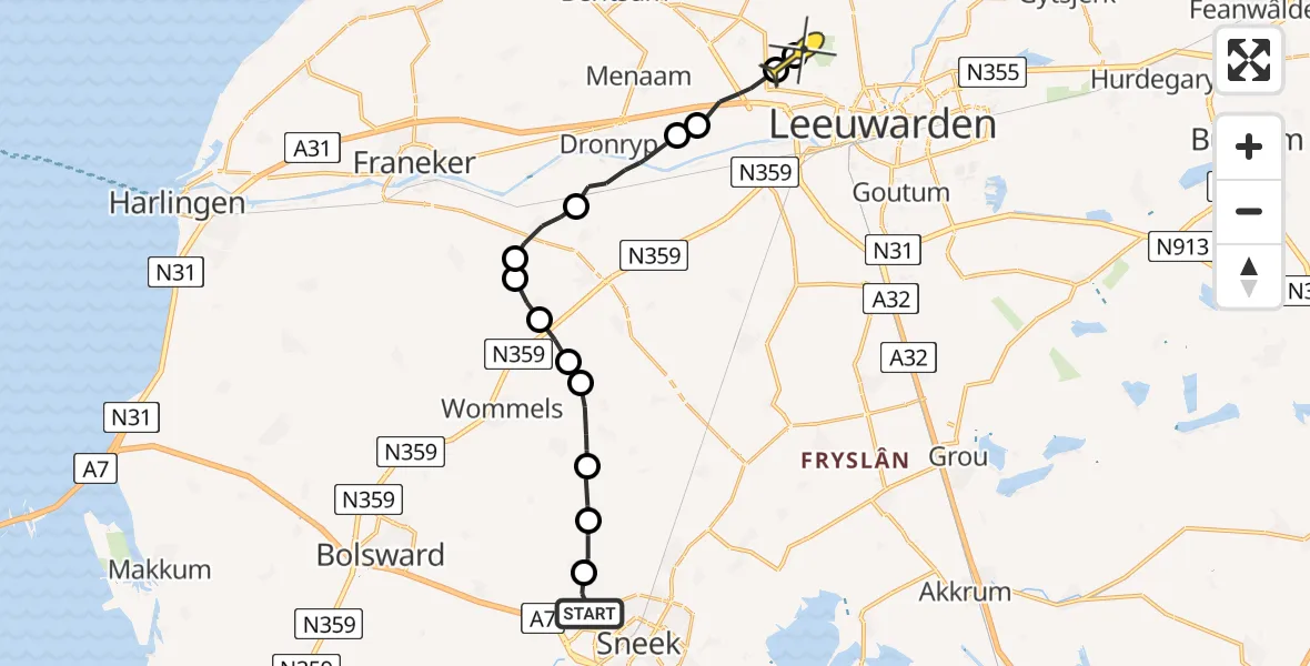 Routekaart van de vlucht: Ambulanceheli naar Vliegbasis Leeuwarden, Thaborwei