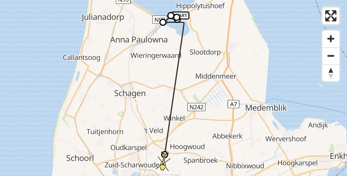 Routekaart van de vlucht: Politieheli naar Heerhugowaard, Lutjeweg