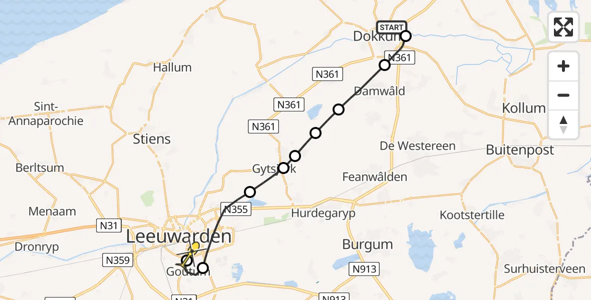 Routekaart van de vlucht: Lifeliner 4 naar Leeuwarden, Wâlddyk