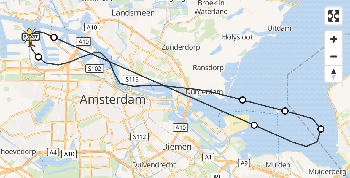 Routekaart van de vlucht: Lifeliner 1 naar Amsterdam Heliport, Westhavenweg