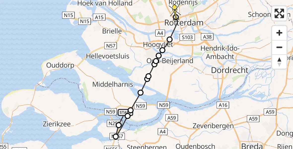 Routekaart van de vlucht: Lifeliner 2 naar Rotterdam The Hague Airport, Haven Oude Tonge