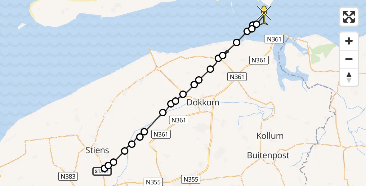 Routekaart van de vlucht: Ambulanceheli naar Schiermonnikoog, Koarnjumer Feart