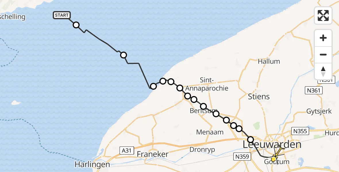 Routekaart van de vlucht: Ambulanceheli naar Leeuwarden, Borniastraat