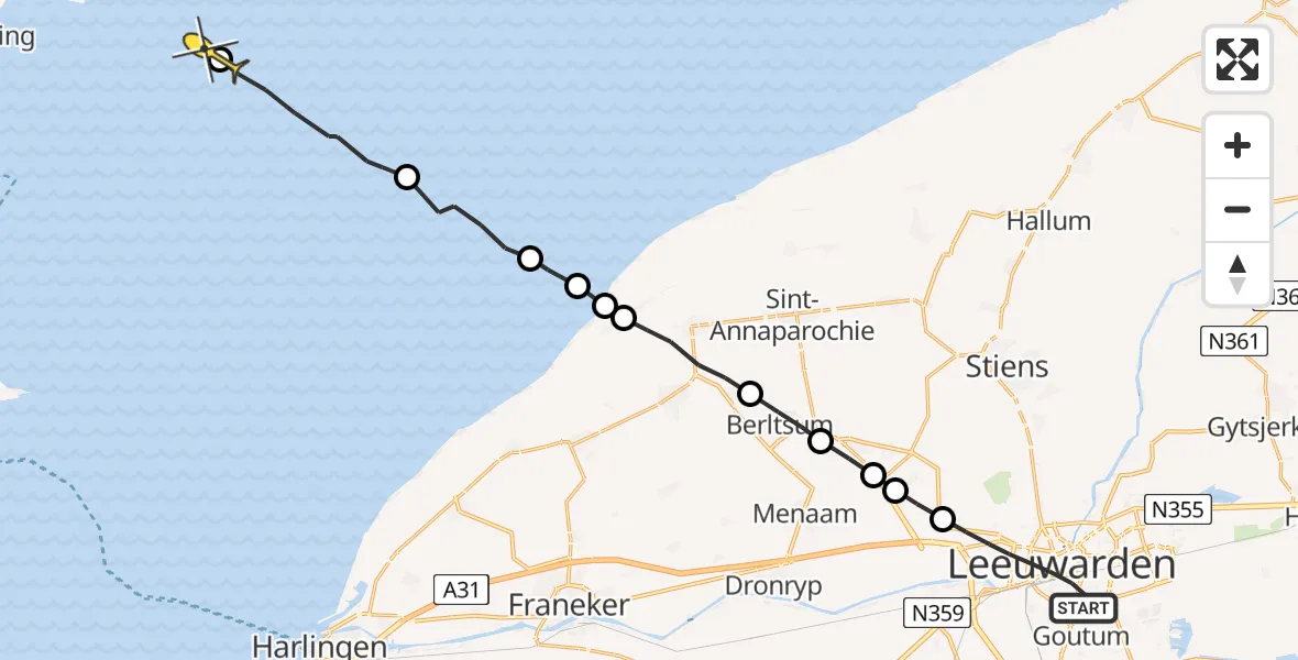 Routekaart van de vlucht: Ambulancehelikopter naar Formerum, Tesselschadestraat