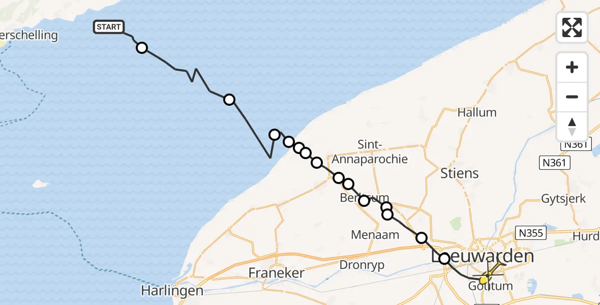 Routekaart van de vlucht: Ambulanceheli naar Leeuwarden, Borniastraat