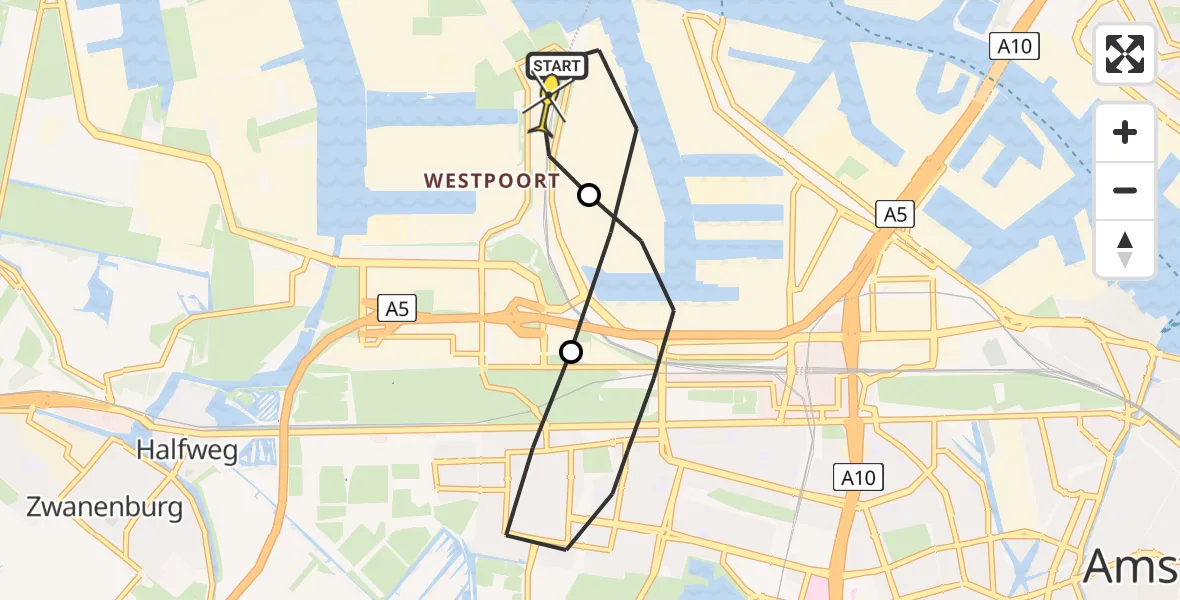 Routekaart van de vlucht: Lifeliner 1 naar Amsterdam Heliport, Westhaven