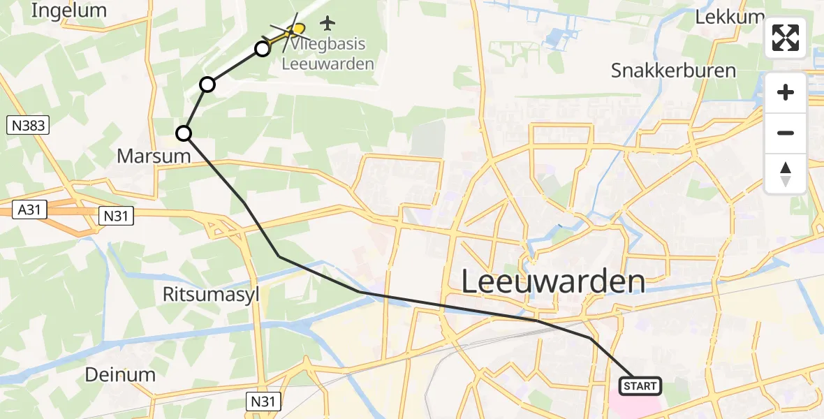 Vluchtroute Ambulancehelikopter van Leeuwarden naar Vliegbasis Leeuwarden