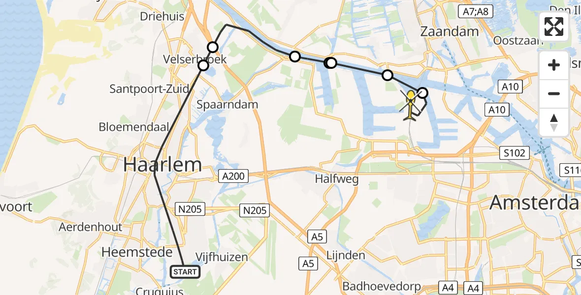 Routekaart van de vlucht: Lifeliner 1 naar Amsterdam Heliport, Laan van Angers