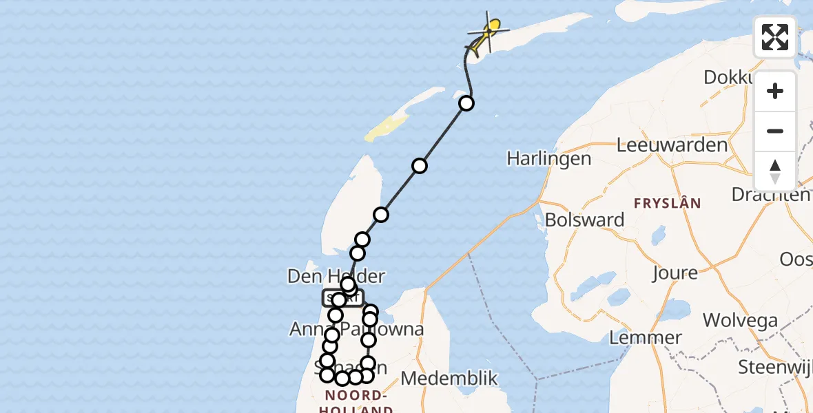 Routekaart van de vlucht: Kustwachthelikopter naar West-Terschelling, Oostoeverweg